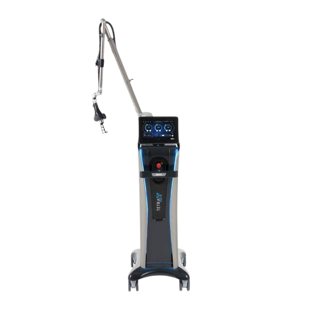2024 DEKA SmartXide Tetra PRO front view showing the upright body with display screen, articulated arm, and rolling base