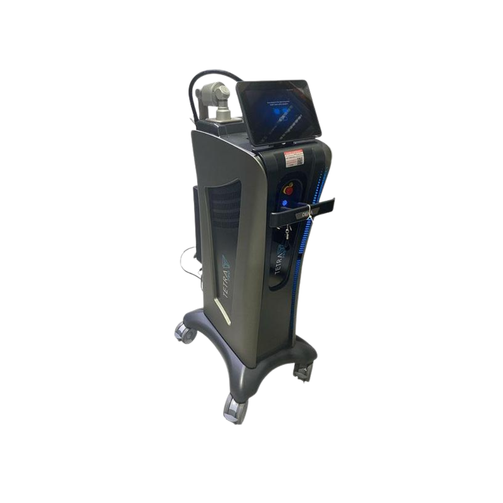 2024 DEKA SmartXide Tetra PRO right side view showing the upright body with display screen, handpiece, and rolling base