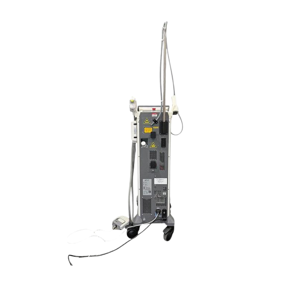 2024 Sciton MJoule with Moxi_BBL_HERO back view showing the upright body with rear panel, handpiece cable, and rolling base