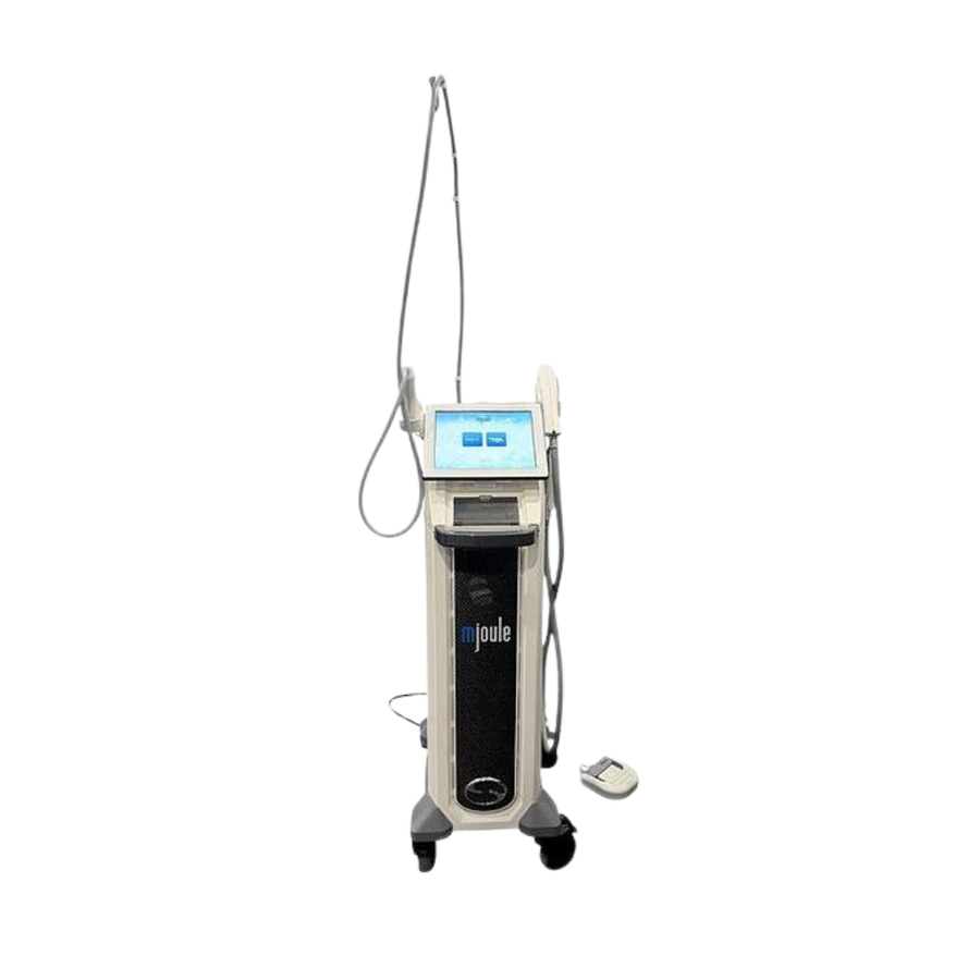 2024 Sciton MJoule with Moxi_BBL_HERO front view showing the upright body with display screen, handpiece cable, and rolling base