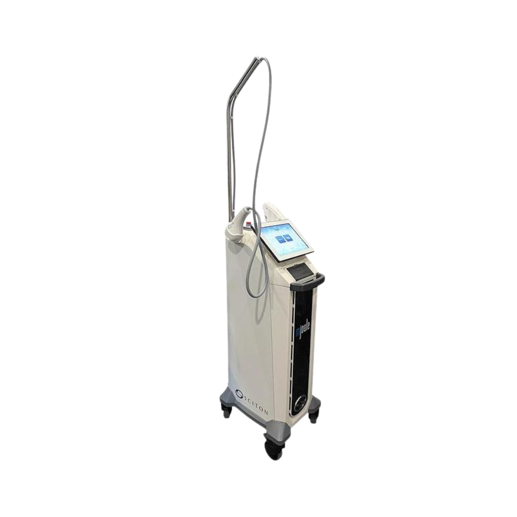 2024 Sciton MJoule with Moxi_BBL_HERO right side view showing the upright body with handpiece cable and rolling base