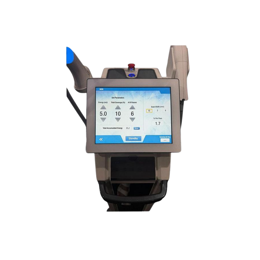 2024 Sciton MJoule with Moxi_BBL_HERO screen view showing the display screen with handpiece attached above the control panel