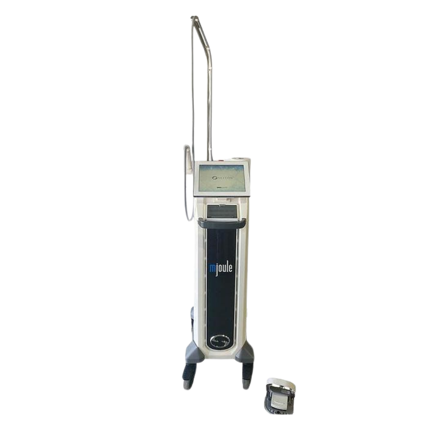 2024 Sciton mJoule with Moxi front view showing the upright body with display screen, handpiece, and rolling base