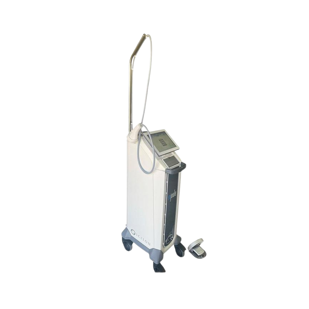 2024 Sciton mJoule with Moxi right side view showing the upright body with handpiece cable and rolling base