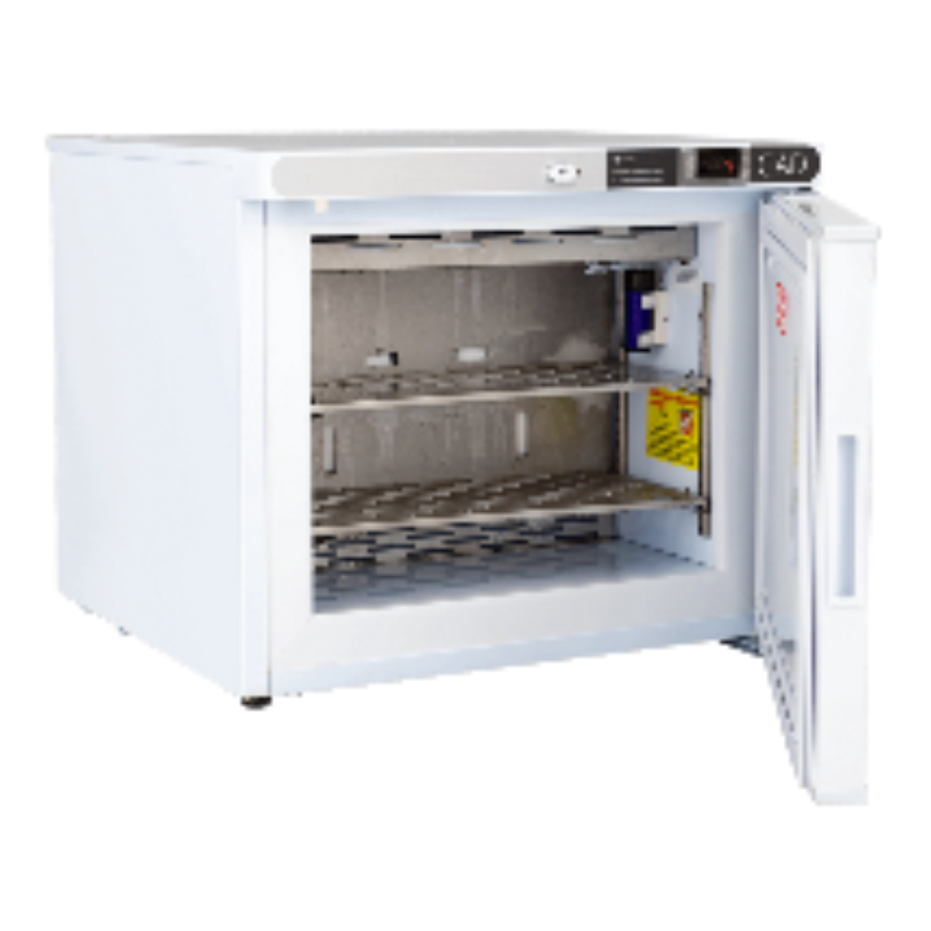 ABS 1 Cu. Ft. Pharmacy Countertop Controlled Auto Defrost Freezer illustrated with open door.