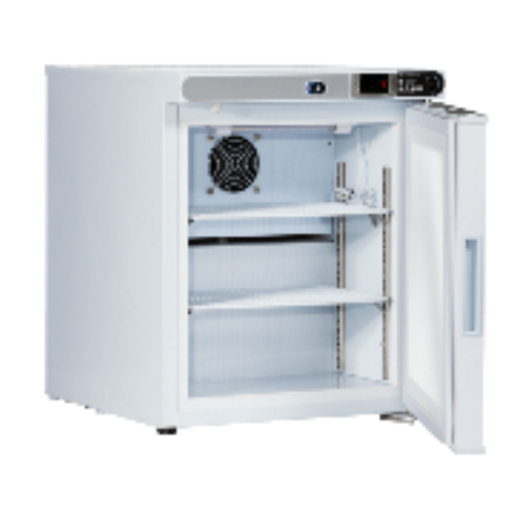 The ABS 1 cu. ft. Solid Door Countertop Laboratory Refrigerator illustrated with an open door.