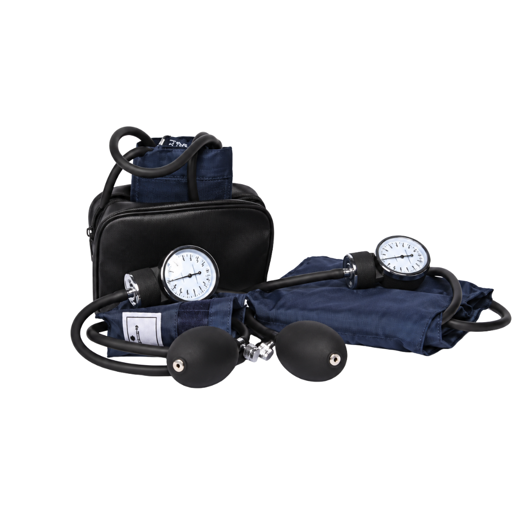 ADC Economy Aneroid Sphygmomanometer with Cuff – ADC Economy aneroid sphygmomanometer blood pressure kit with navy blue cuffs, round dial gauges, black inflation bulbs, and a black zippered carrying case