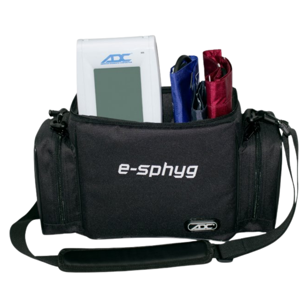 ADC e-sphyg Padded Carrying Case illustrating the e-sphyg 3 blood pressure monitor and cuffs