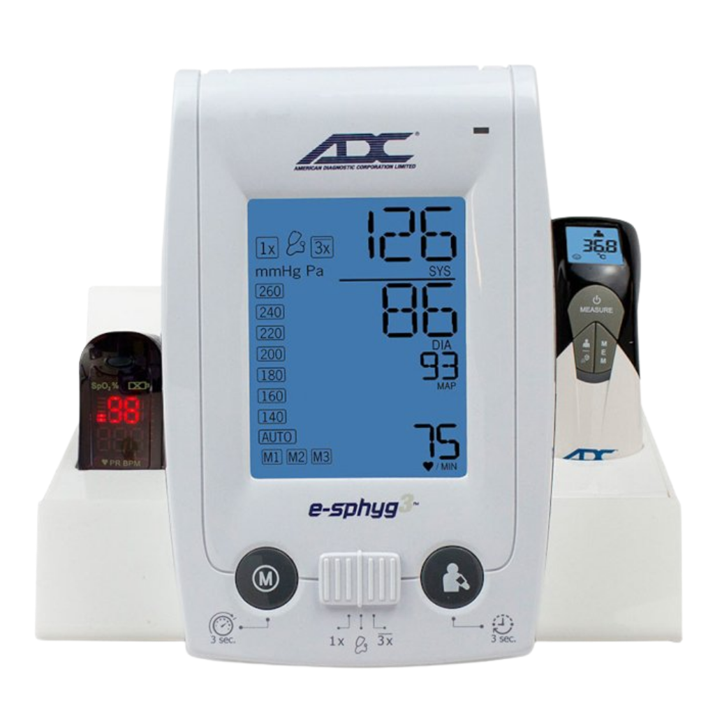 ADC e-sphyg Premium Desk Caddy TS1 shown with thermometer and oximeter