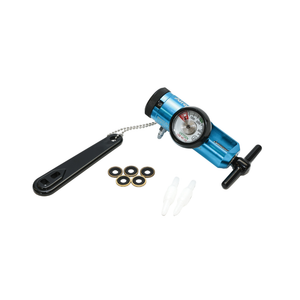 AireMed Oxygen Regulator Blue showing a blue regulator body with a gauge and T-handle, alongside a black wrench, brass washers, and tubing connectors