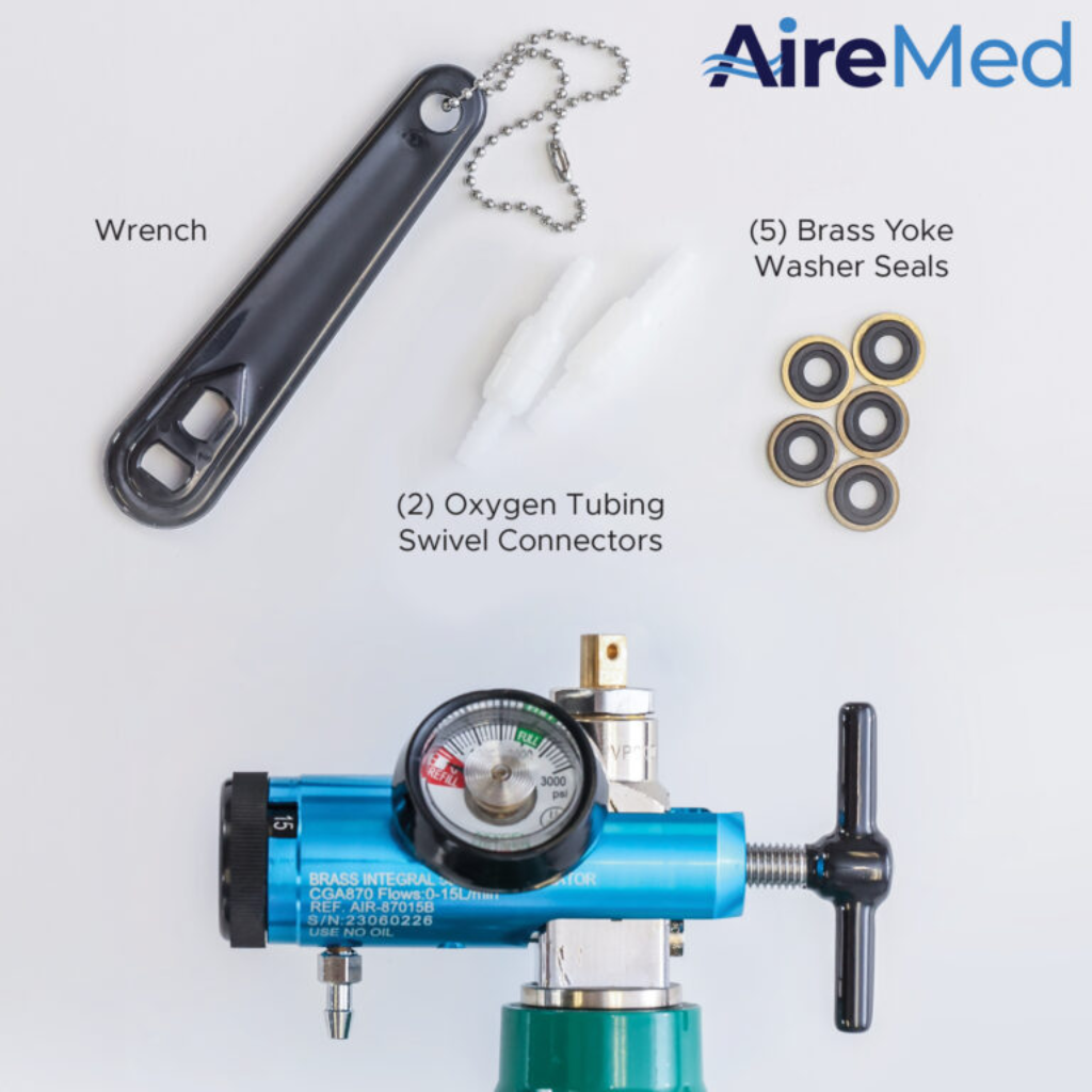 AireMed Oxygen Regulator contents graphic labeling the wrench, five brass yoke washer seals, and two oxygen tubing swivel connectors, with a blue regulator below