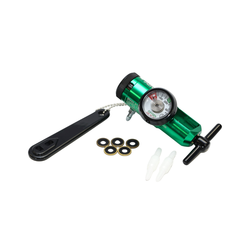 AireMed Oxygen Regulator Green showing a green regulator body with a gauge and T-handle, alongside a black wrench, brass washers, and tubing connectors