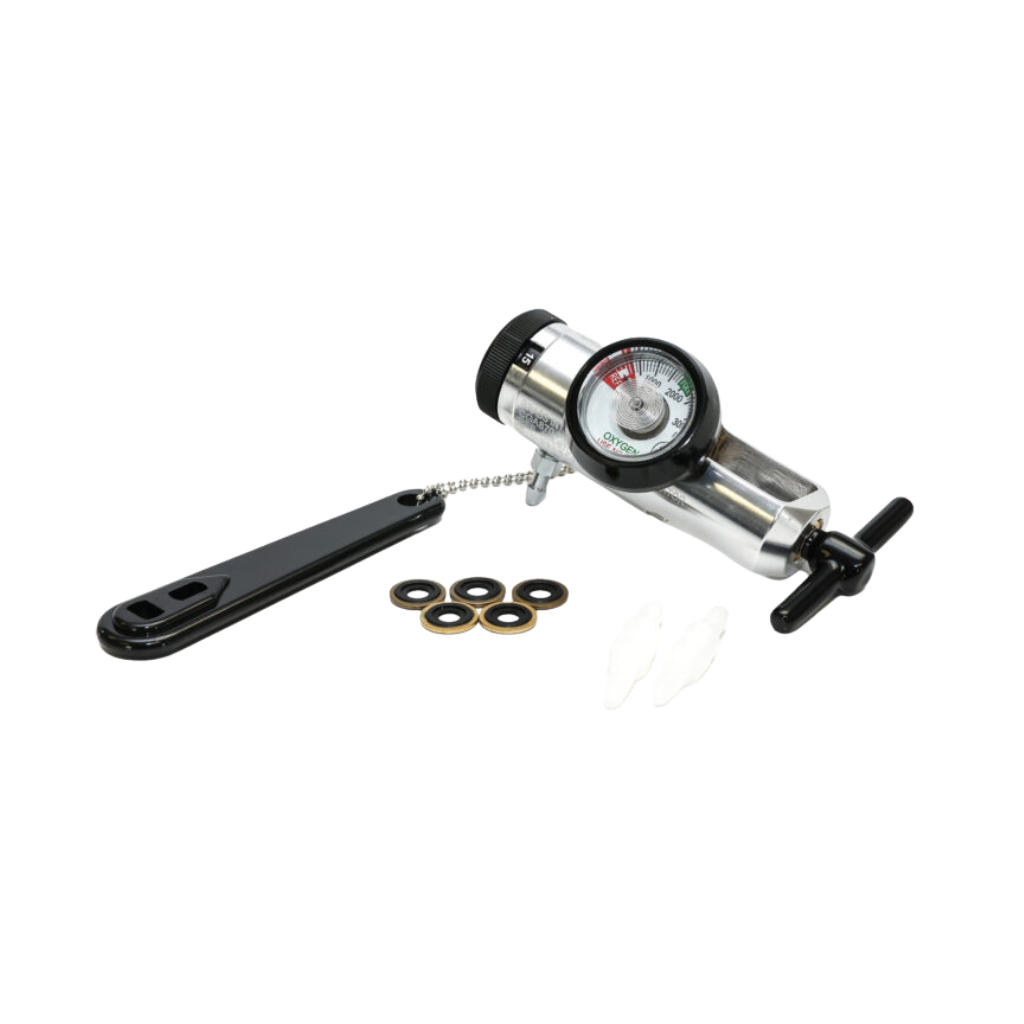 AireMed Oxygen Regulator Silver showing a silver regulator body with a gauge and T-handle, alongside a black wrench, brass washers, and tubing connectors