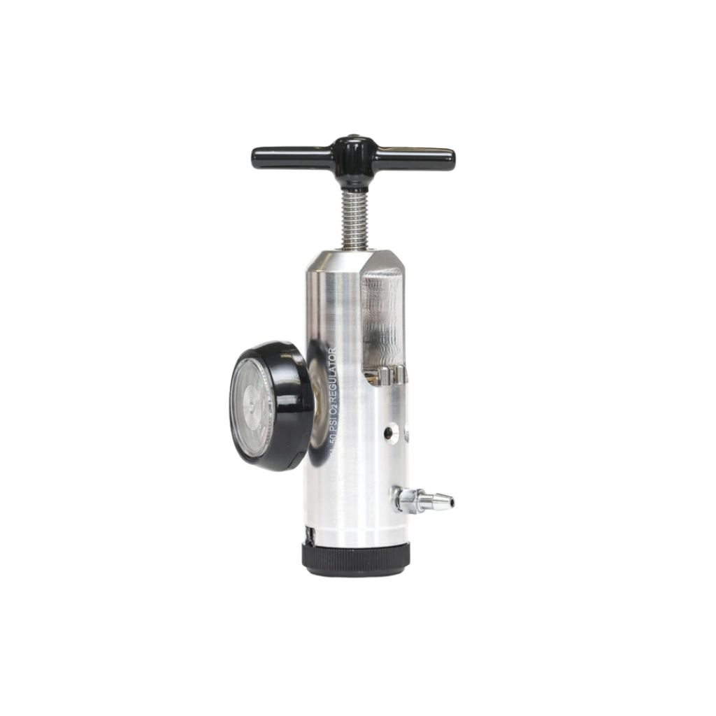 AireMed Oxygen Regulator size view showing the upright silver regulator from the side with its gauge, T-handle, and outlet fitting
