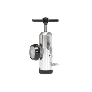 AireMed Oxygen Regulator size view showing the upright silver regulator from the side with its gauge, T-handle, and outlet fitting
