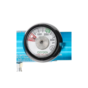 AireMed Oxygen Regulator close up of the pressure gauge on a blue regulator body, with a dial marked in psi