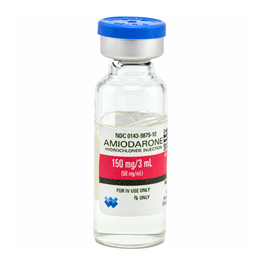 Amiodarone Hydrochloride Injection 150 mg/3 mL (50 mg/mL) single-dose glass vial with blue flip-off cap and red and white label, NDC 0143-9875-10