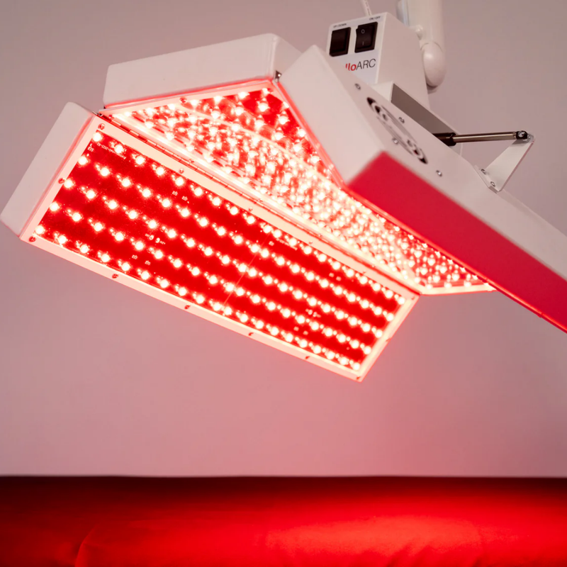 Body Balance System Apollo ARC red light therapy system showing a close up view of the LED lights switched on.