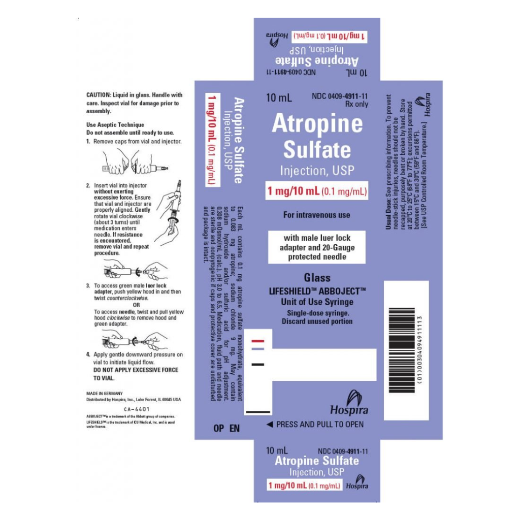 Atropine Sulfate Injection, USP 1 mg/10 mL (0.1 mg/mL) Hospira LifeShield Abboject prefilled syringe packaging, showing the lavender carton with usage instructions 