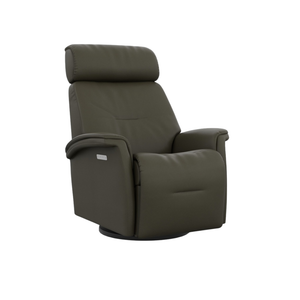 Aurora IV Therapy Chair with Martini Olive upholstery features a three-motor ergonomic support system with independent reclining, power lumbar, and power head/neck adjustments