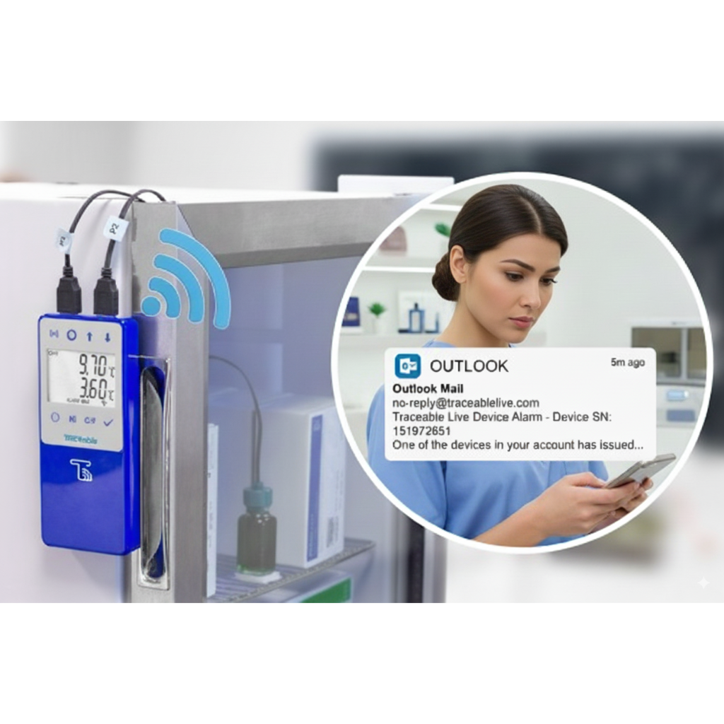 Temperature monitoring device with digital display and a woman using a smartphone in a medical setting.