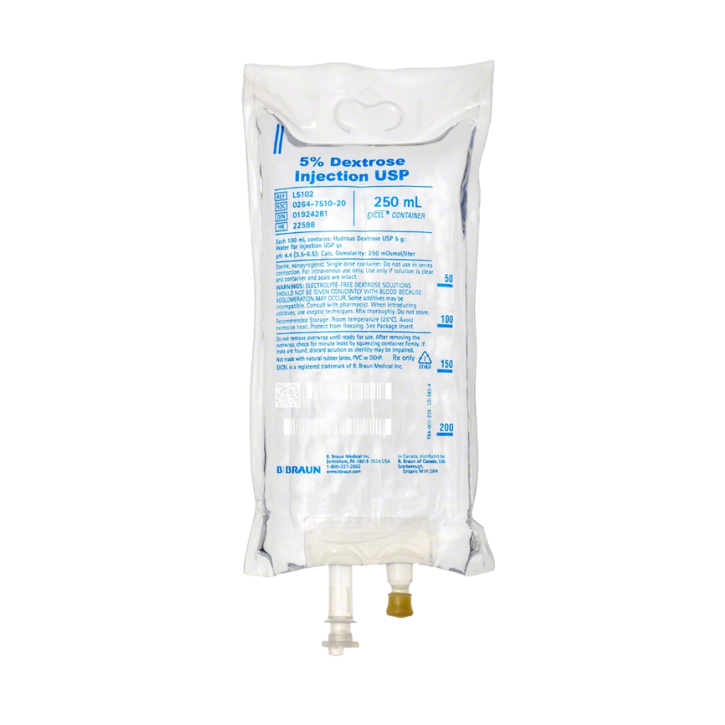 B. Braun 5% Dextrose Injection USP 250 mL flexible IV bag with clear solution and a blue and white label
