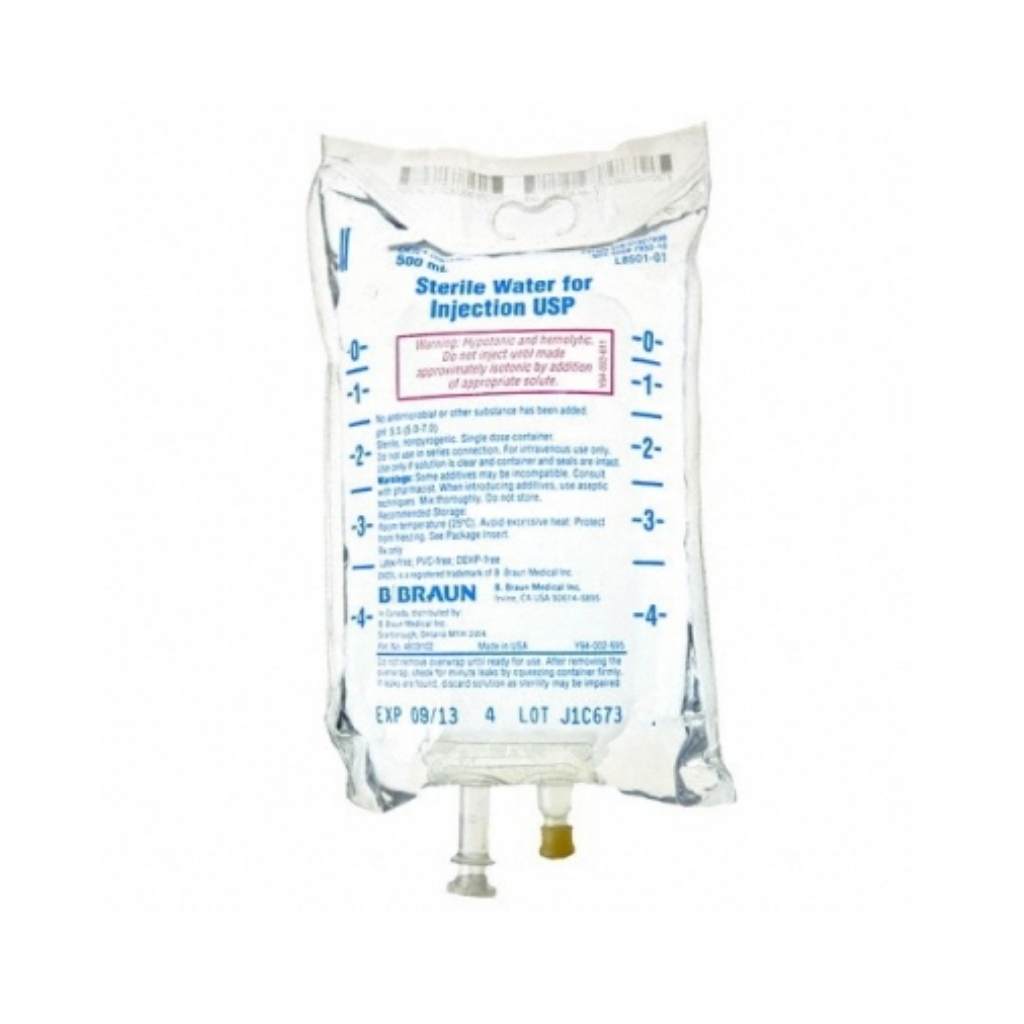 Sterile Water, IV Bag, Intravenous IV Solution 500 mL Case 24 (L8501-01)