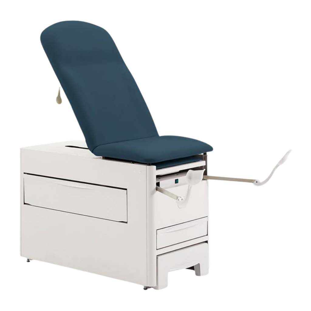 Brewer Access Exam Table 1000A with Deep Sapphire Upholstery shown with stir-ups
