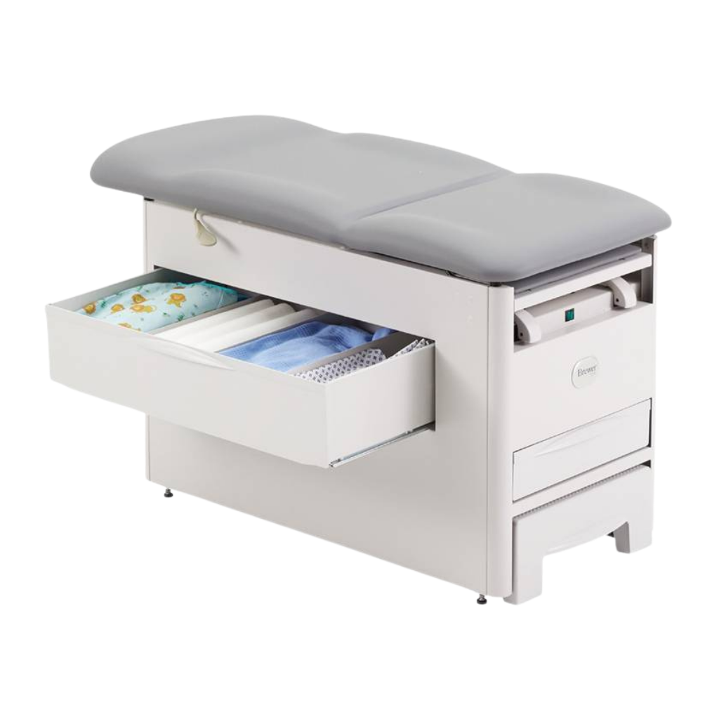 Brewer Access Exam Table 1000A shown with an open side storage drawer and flat top