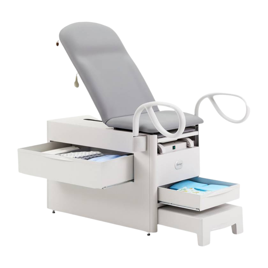Brewer Access Exam Table 1000A shown with open side and front storage drawers, patient assist handles and step