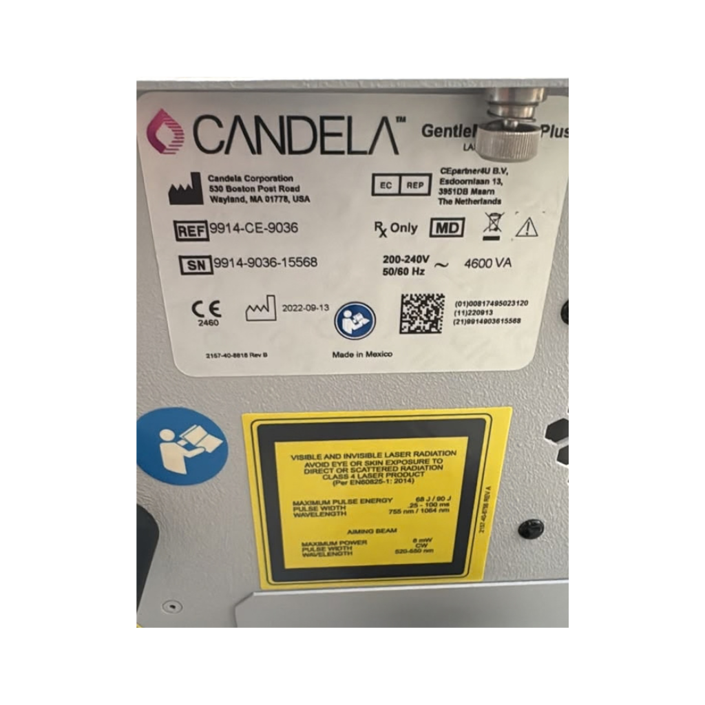 Candela GentleMax Pro Plus rear panel identification label showing serial number, model info, and regulatory markings