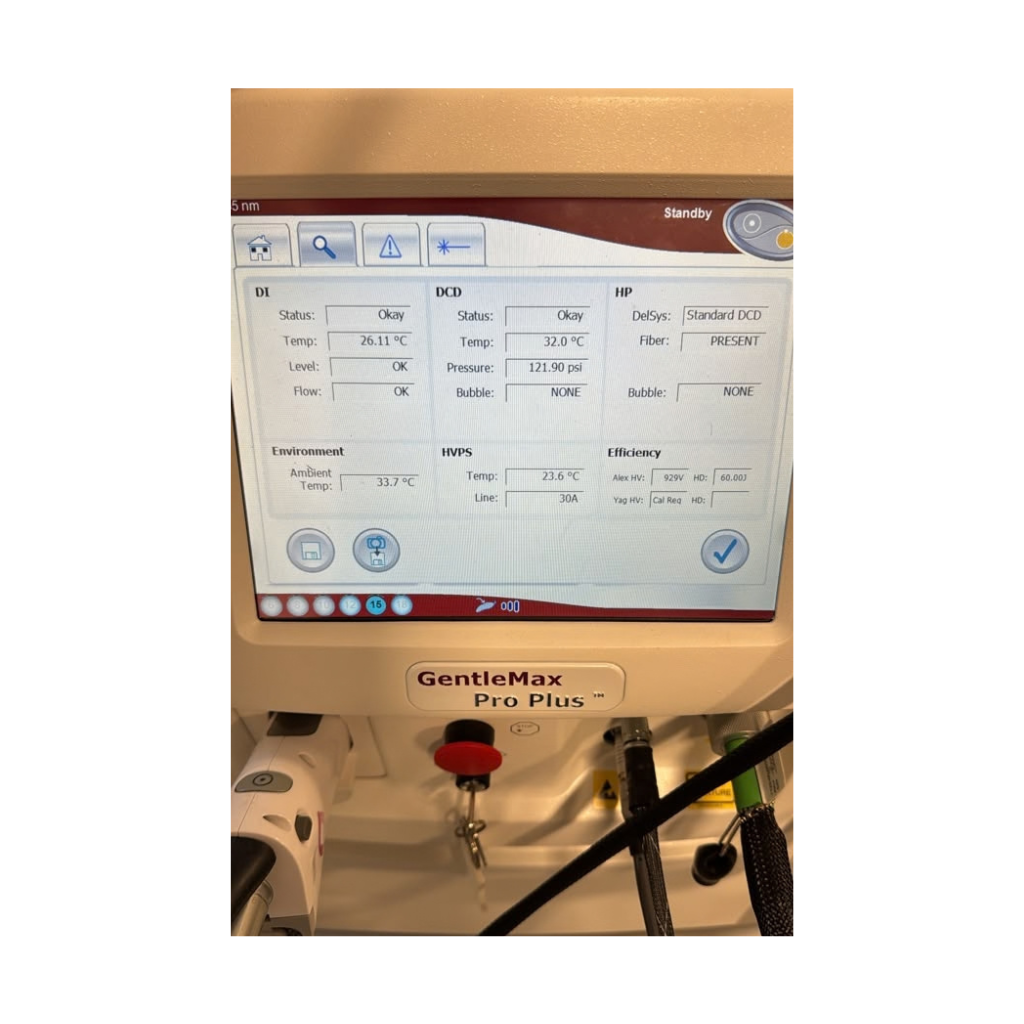 Candela GentleMax Pro Plus touchscreen settings interface showing device configuration options