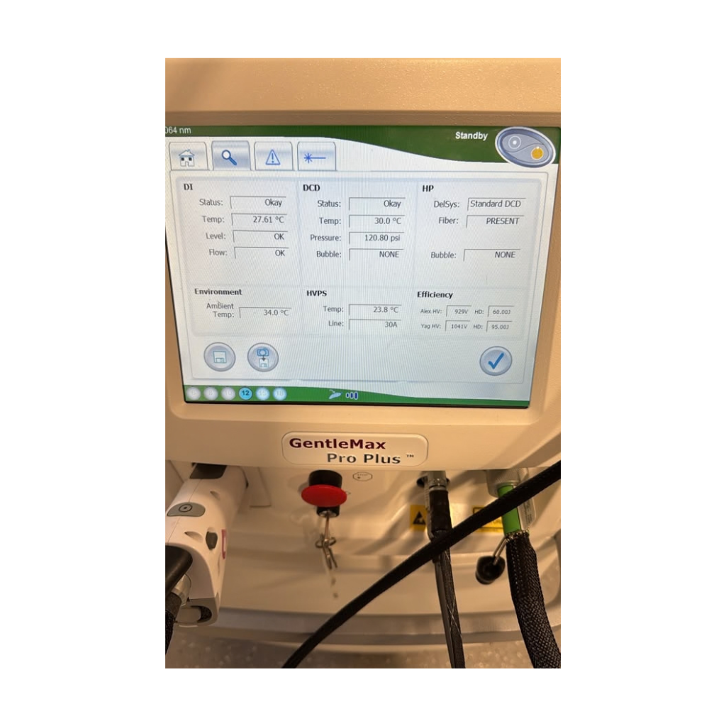 Candela GentleMax Pro Plus touchscreen settings menu with treatment parameters displayed