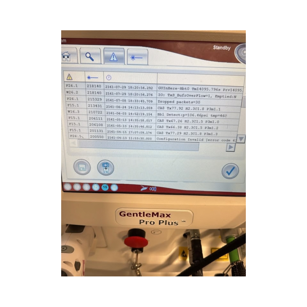 Candela GentleMax Pro Plus touchscreen warnings display with safety notices highlighted