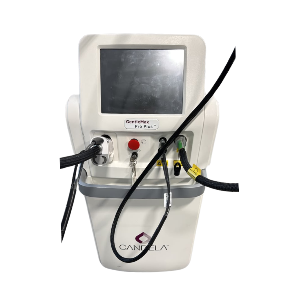 Candela GentleMax Pro Plus 2022 laser console, front view, with touchscreen display and dual handpiece cables