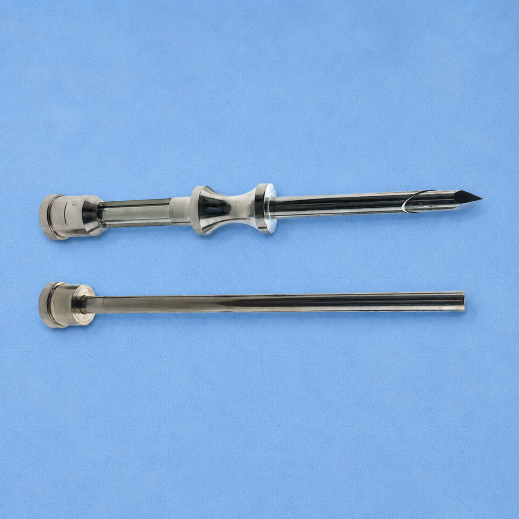 Cannula / Trocar System for Pellet Insertion Reusable (4.5mm) on a blue surgical background
