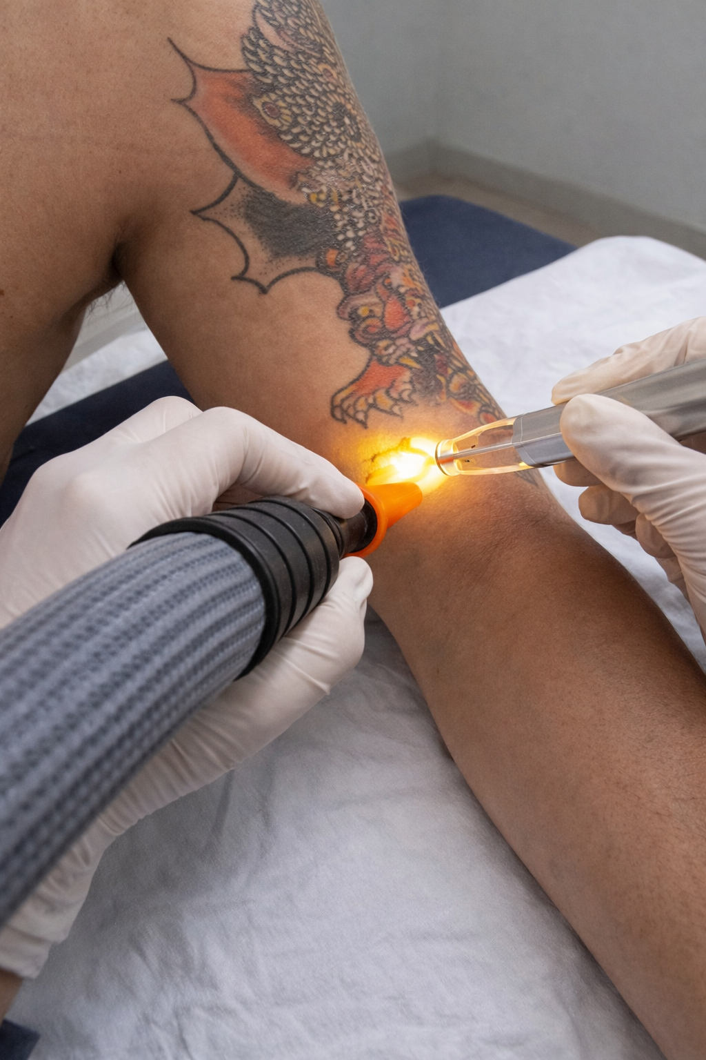 Person receiving laser tattoo removal on a tattooed arm.