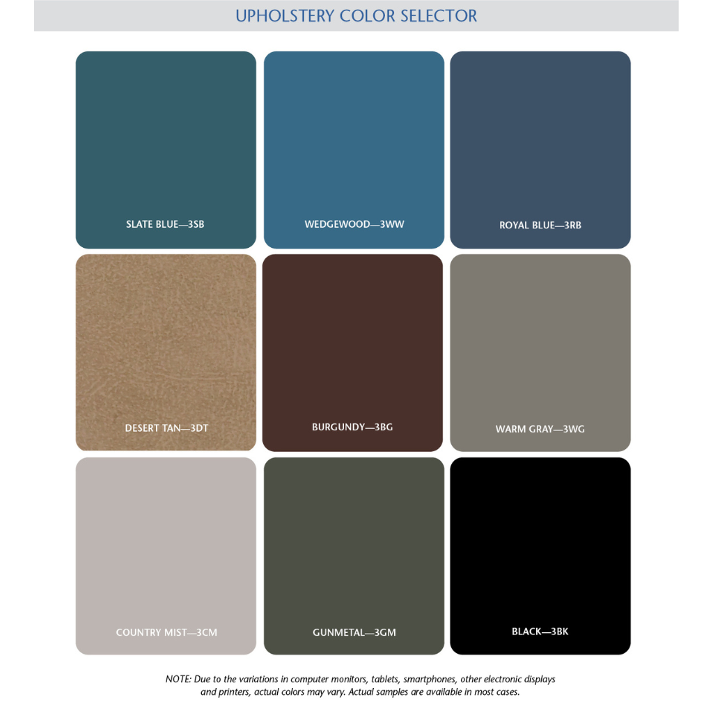 Clinton Industries Power 400, Shrouded Table with Adjust. Backrest and Drop Section Color Chart