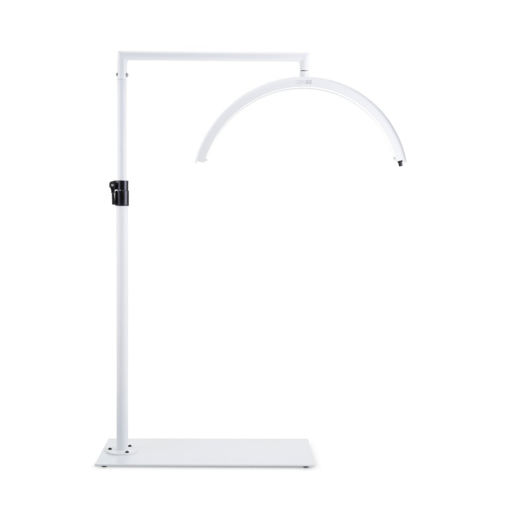 CosmoGlo LED original light White with adjustable arm and phone clip, professional illumination tool for med spa injectors and dermatology treatment procedures.