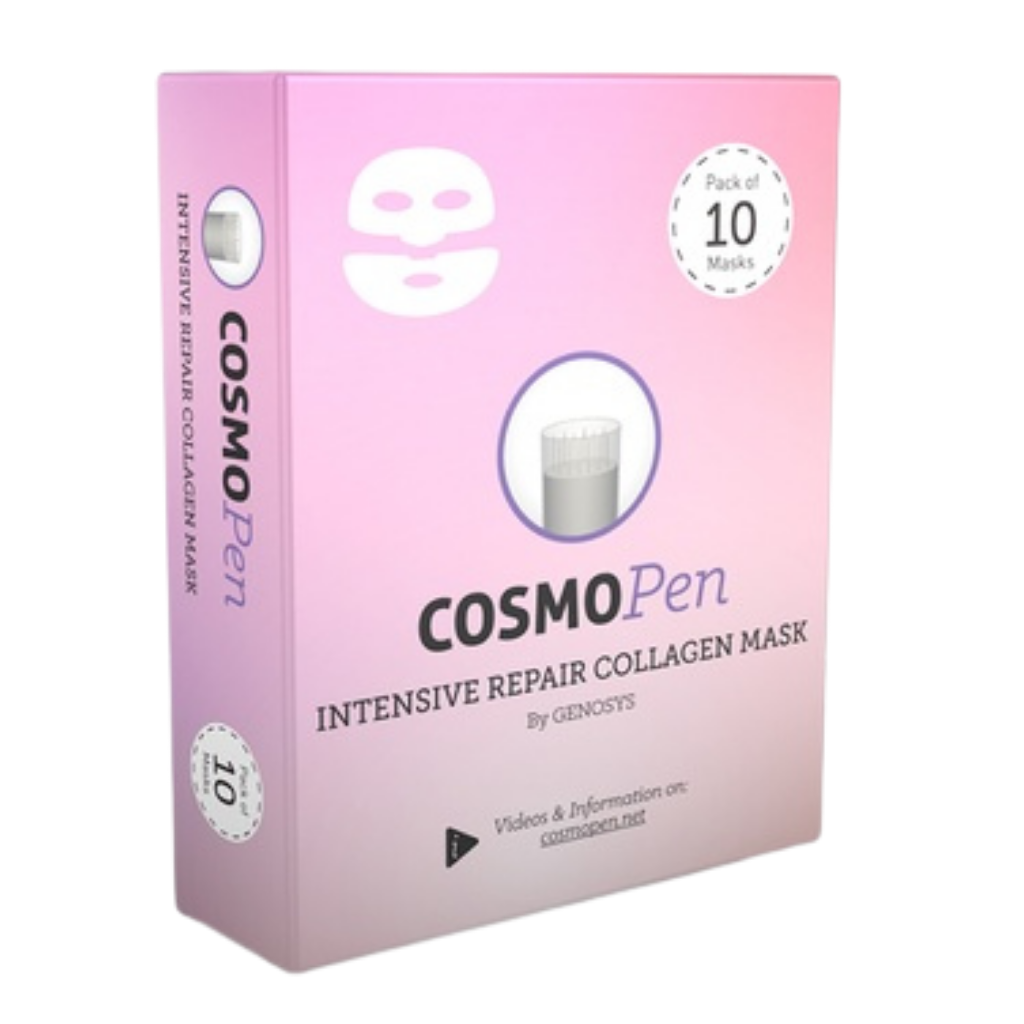 The CosmoPen Intensive Repair Collagen Mask is designed to soothe, hydrate, and support skin recovery following professional aesthetic treatments.