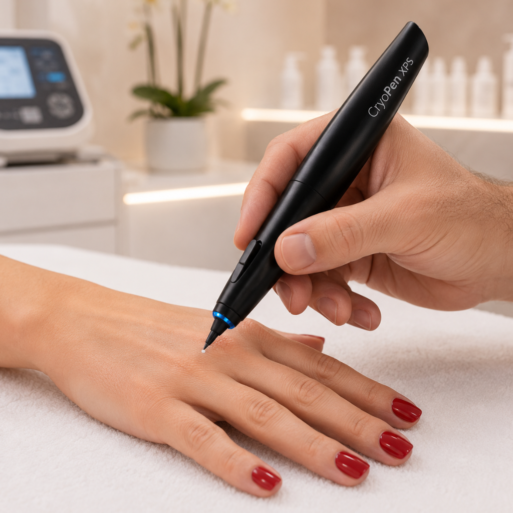 Doctor using a CryoProbe XPS cryotherapy  to remove a lesion from a patients hand 