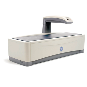 A GE X-ray mammography unit with a cream-colored body, gray base and arm, and a dark blue digital detector plate, shown on a white background.