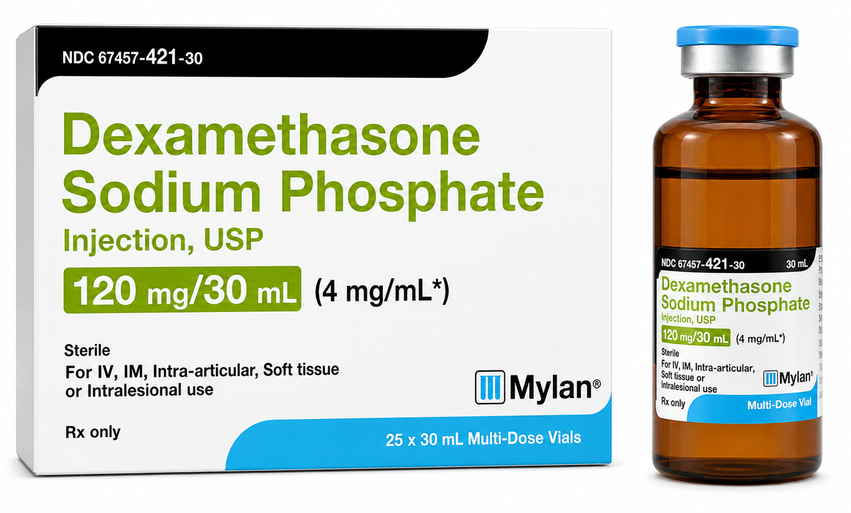 Dexamethasone Sodium Phosphate Injection, USP is a sterile, prescription-only corticosteroid injection supplied in a 30 mL multi-dose vial. NDC 67457-421-30