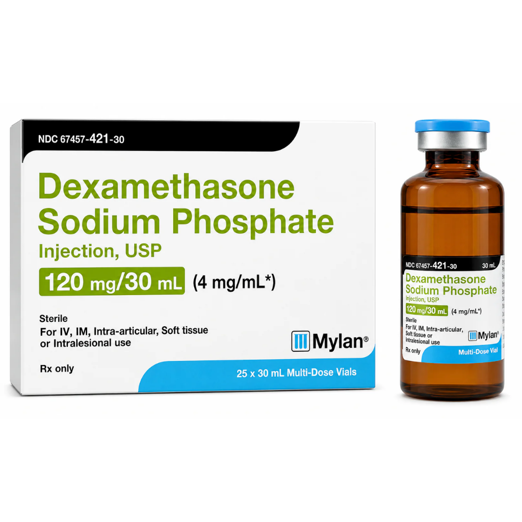 Dexamethasone Sodium Phosphate Injection, USP is a sterile, prescription-only corticosteroid injection supplied in a 30 mL multi-dose vial. NDC 67457-421-30