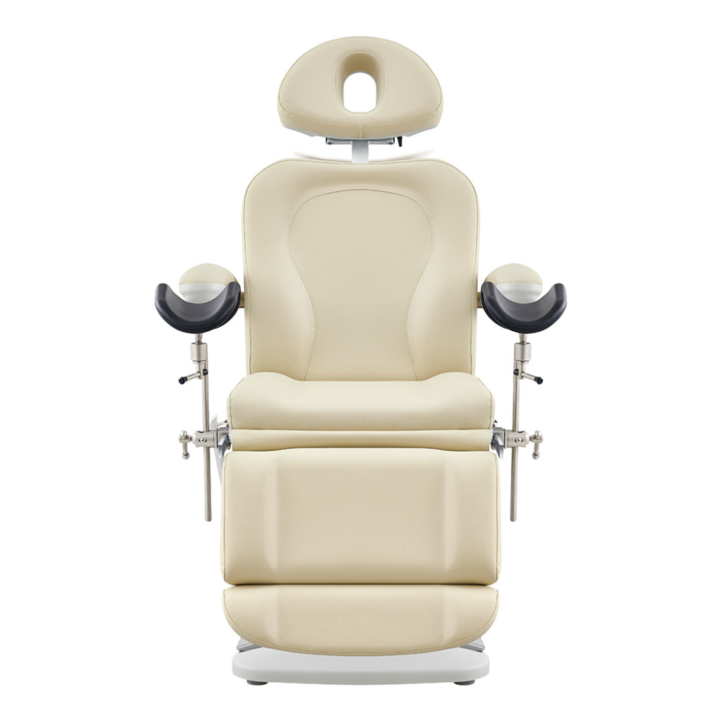 Dream In Reality Fiona Exam Table With Stirrups (8246EBYH-stirrups): Beige, Front View