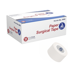 Box of Dynarex paper surgical tape  3352 with a single roll in front on a white background