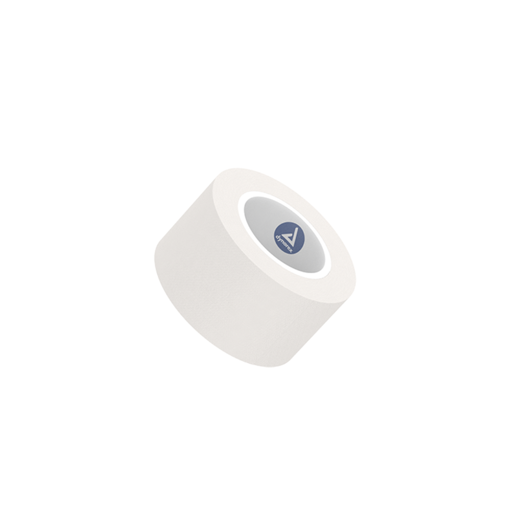 White roll of Dynarex Paper Surgical Tape (3352) tape with a blue logo on a white background