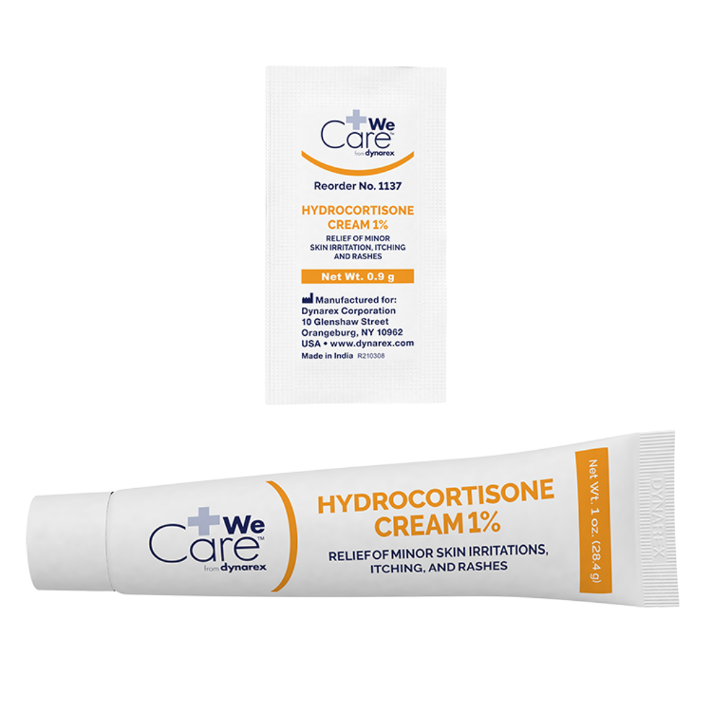 Dynarex_Hydrocortisone_Cream_0.9_g_Foil_Packet_1137_-_packet_and_tube_comparrison