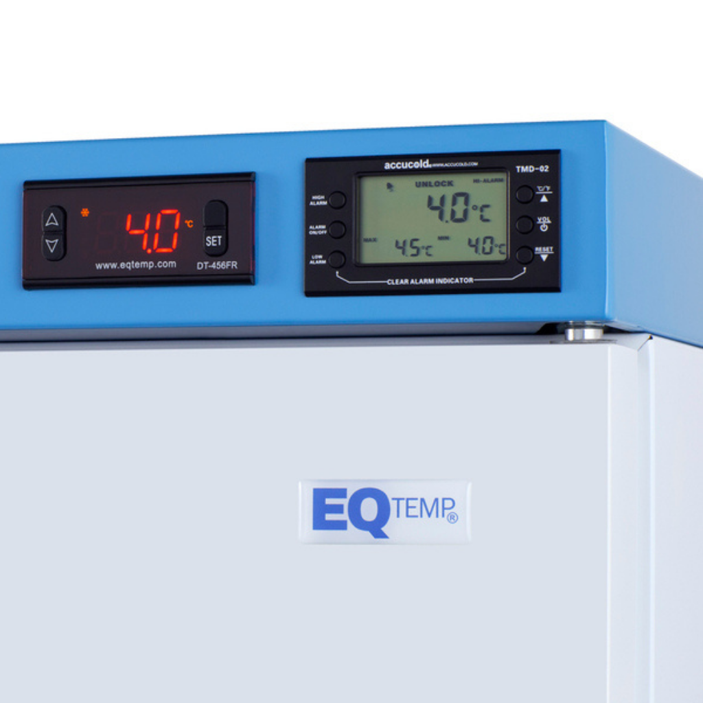 EQTemp 24" Wide Medical Refrigerator (ACR1011W) showing the door alarm in a solid state