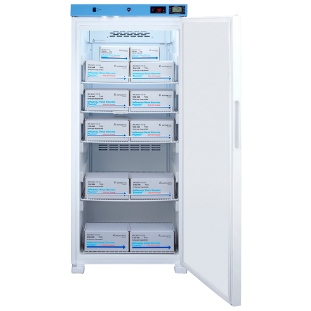 EQTemp 24" Wide Medical Refrigerator (ACR1011W) illustrating a full refrigerator with the door open